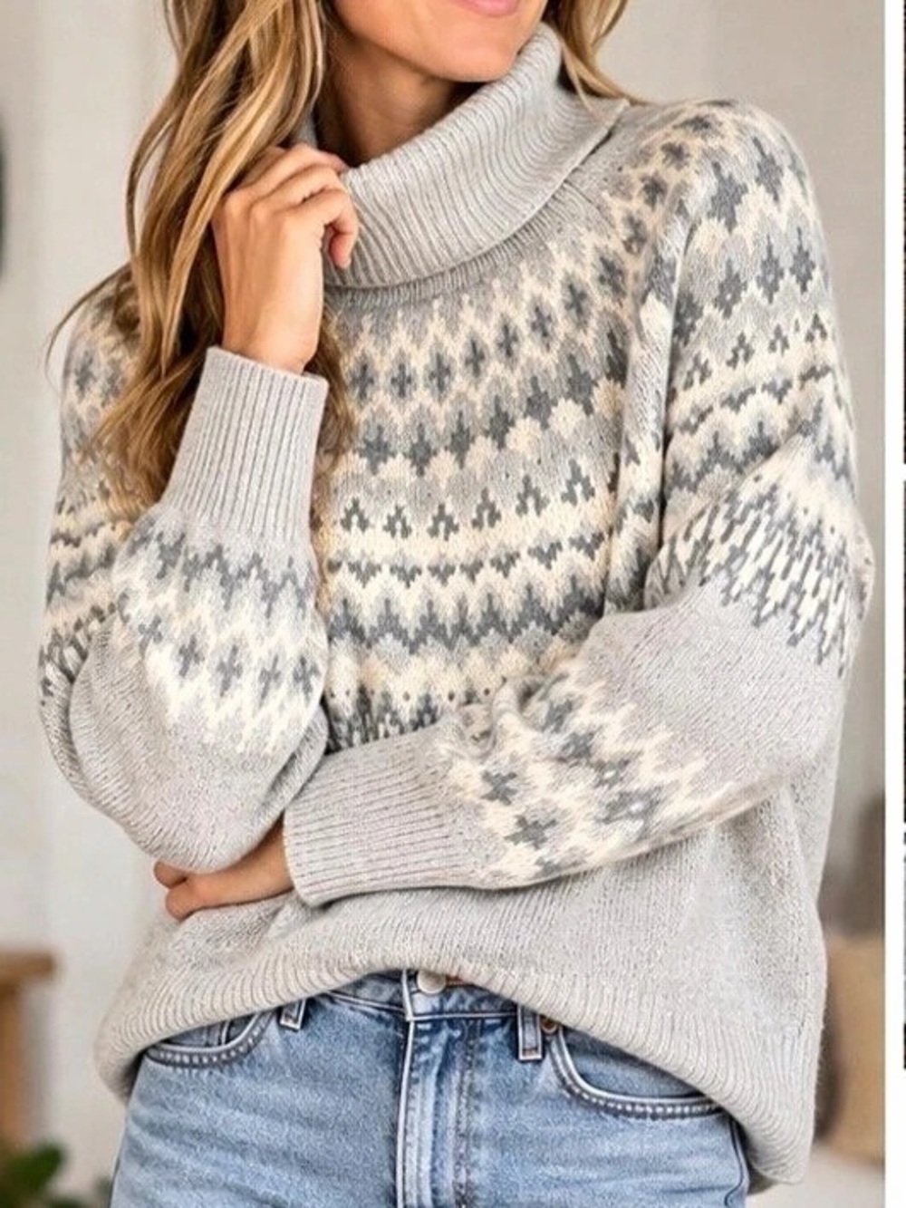 Vineyard Vines Fair Isle Merino Wool Turtleneck Sweater Gray Size S